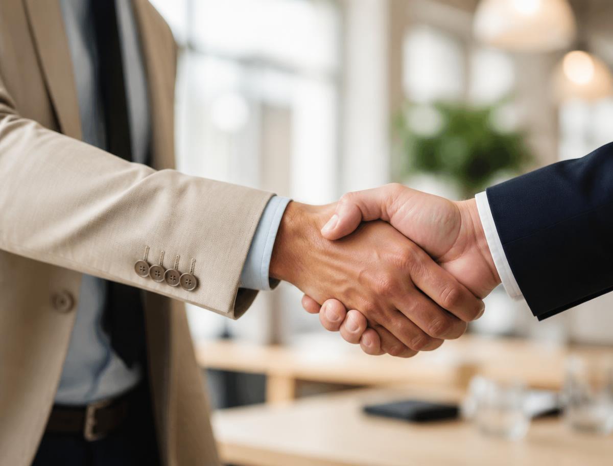 Poignée de main entre un consultant commercial et un dirigeant d'entreprise